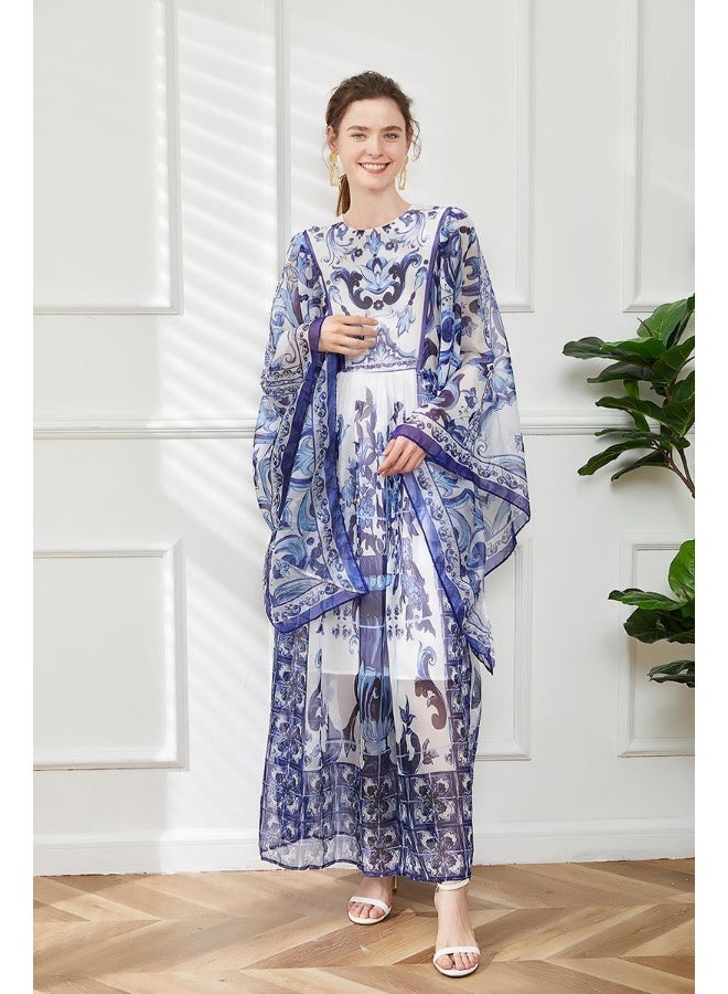 مدام يونيك فستان بأكمام طويلة مزخرف بتصميم خزفي أزرق تقليدي - Image 4