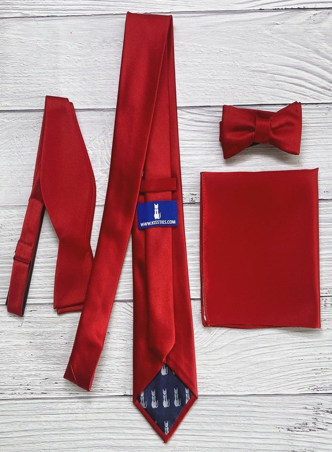 KissTies Scarlet Red Pocket Square Mens Satin Handkerchief + Gift Box - Image 2