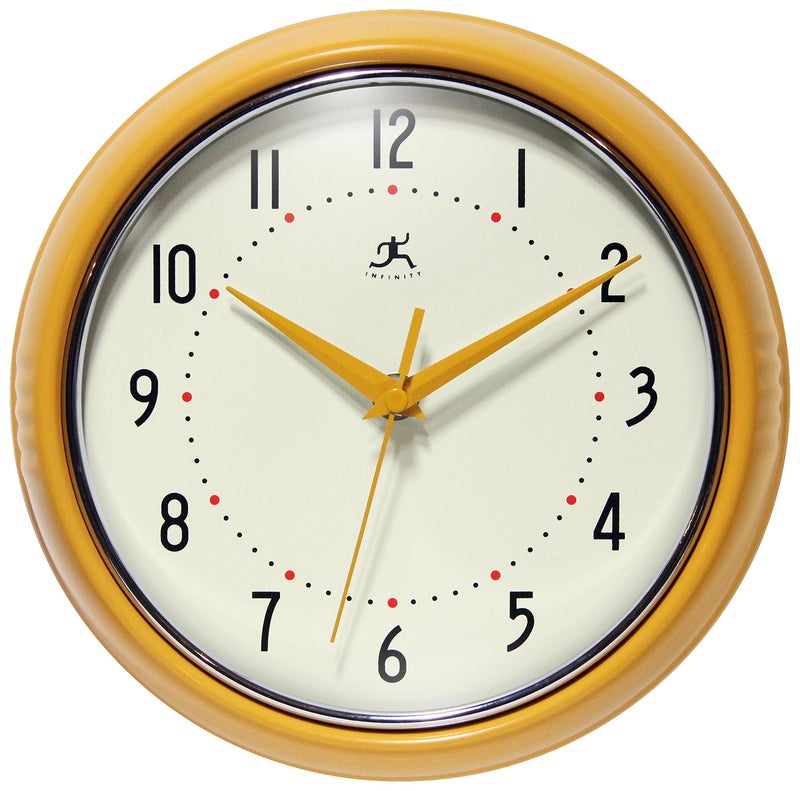 Infinity Instruments LTD Retro 9 inch Silent Sweep NonTicking Mid Century Modern Kitchen Diner Wall Clock Quartz Movement Retro Wall Clock Decorative Saffron Yellow