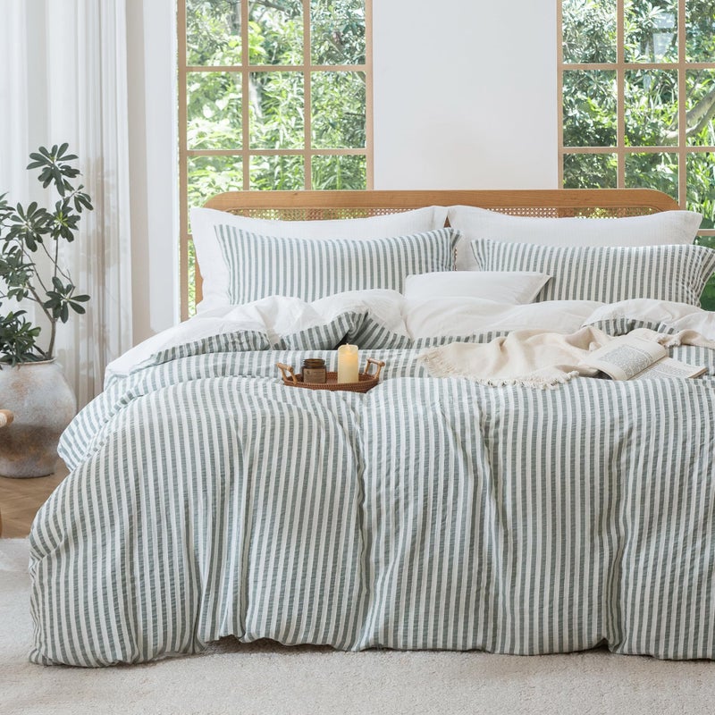 MILDLY Jacquard Stripe Duvet Cover  Sage Green 100 Washed Cotton Boho Textured Comforter Cover 3pcs with Zipper Closure 90x90