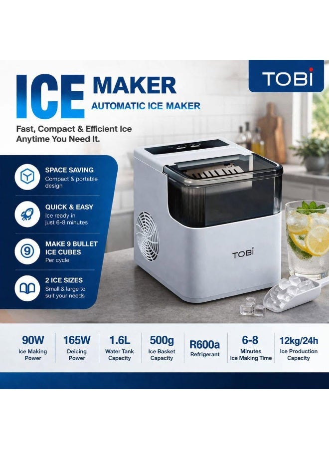 Tobi TB-966 Countertop Ice Maker Machine – 12kg/24Hrs, 9 Bullet Cubes in 6-8 Mins, 1.6L Water Tank, 2 Ice Sizes (Small/Large), Portable Automatic Ice Maker with Scoop & Removable Basket – 165W Energy Efficient for Home, Kitchen, Office, RV, Camping & Bars - Image 5