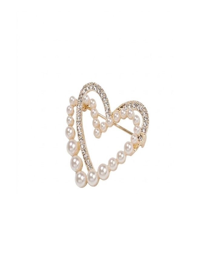 Ramkuwar Lustrous Pearl & Crystal Heart Brooch Elegant Overlapping Double Heart Lapel Pin Romantic Sparkling Jewelry Accessory for Women & Mens (Gold) - Image 1