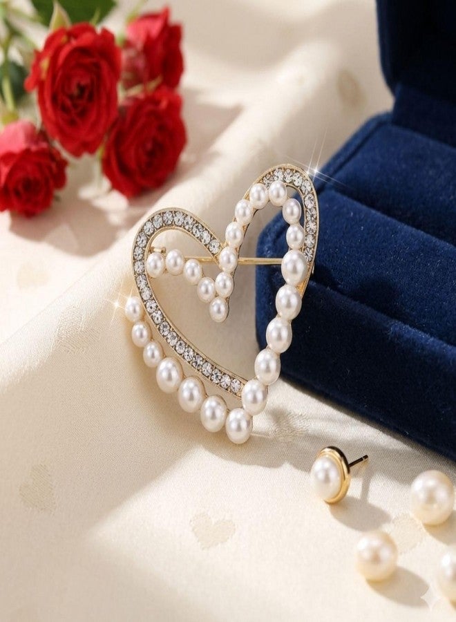 Ramkuwar Lustrous Pearl & Crystal Heart Brooch Elegant Overlapping Double Heart Lapel Pin Romantic Sparkling Jewelry Accessory for Women & Mens (Gold) - Image 5