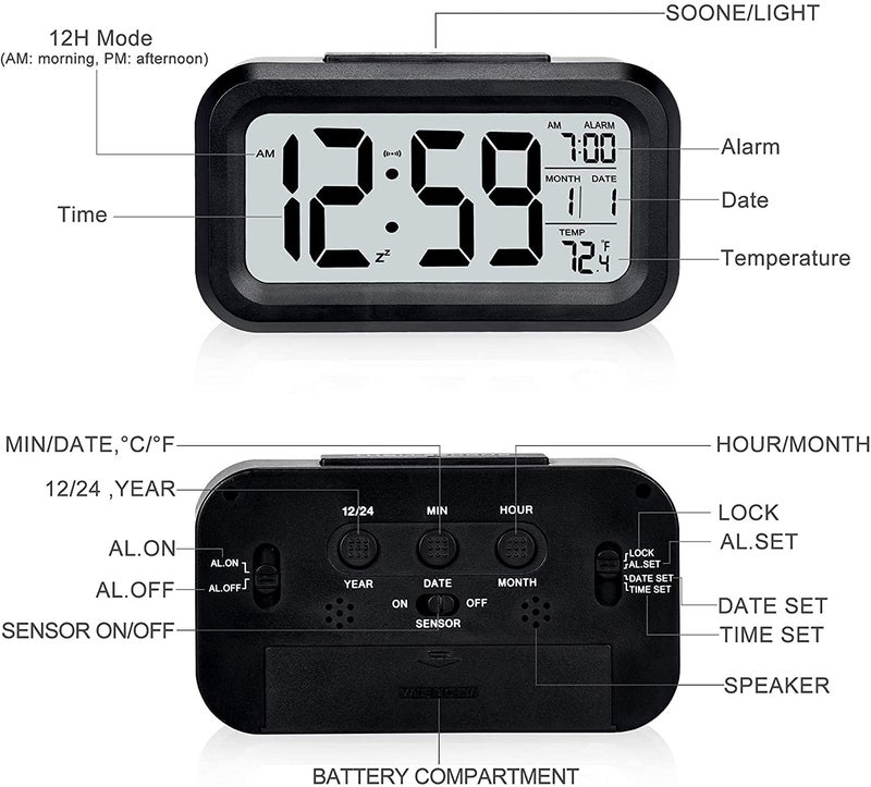 Aider Digital Alarm Clock for Students Calendar Snooze with Automatic Sensor Light Smart Battery Operated Date and Temperature Loud Study Table Watch Home and Office Black - Image 3