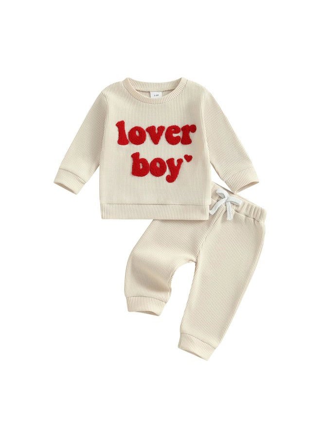 Nibbcoa Toddler Baby Boy Valentines Outfit Love Embroidery Waffle Knit Sweatshirt Pants Set Cute Spring Fall Clothes, Apricot, 2-3 years - Image 1