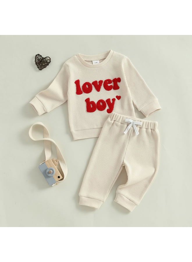 Nibbcoa Toddler Baby Boy Valentines Outfit Love Embroidery Waffle Knit Sweatshirt Pants Set Cute Spring Fall Clothes, Apricot, 2-3 years - Image 2