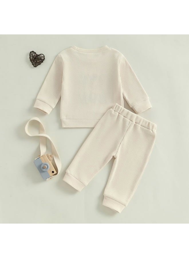 Nibbcoa Toddler Baby Boy Valentines Outfit Love Embroidery Waffle Knit Sweatshirt Pants Set Cute Spring Fall Clothes, Apricot, 2-3 years - Image 3