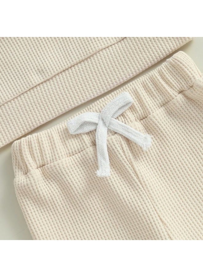 Nibbcoa Toddler Baby Boy Valentines Outfit Love Embroidery Waffle Knit Sweatshirt Pants Set Cute Spring Fall Clothes, Apricot, 2-3 years - Image 5