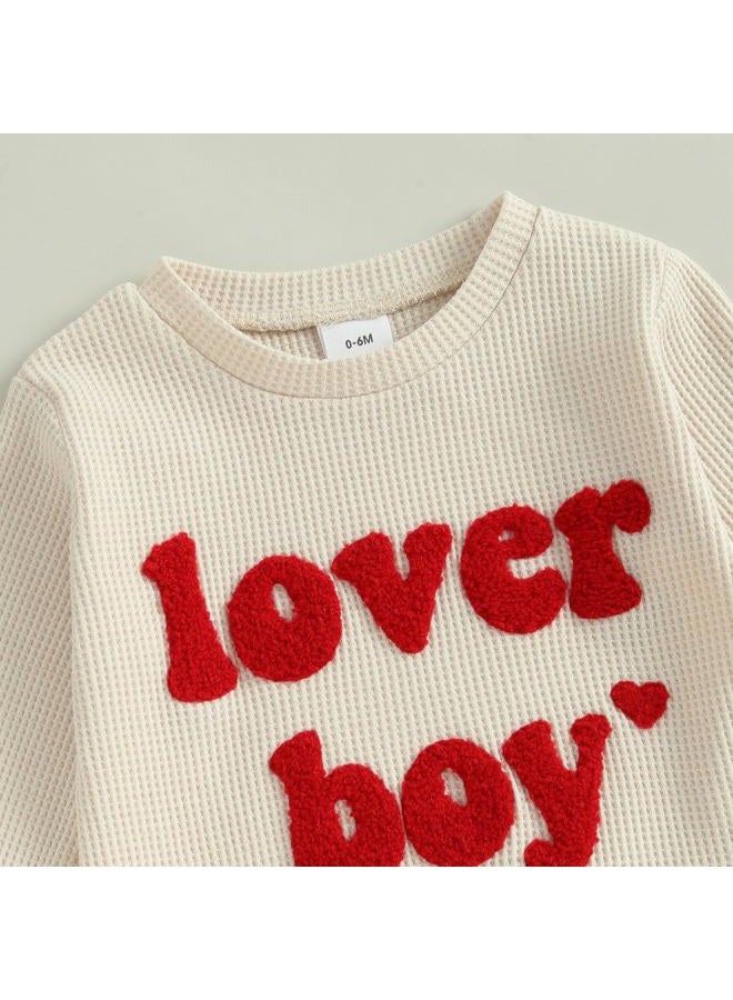 Nibbcoa Toddler Baby Boy Valentines Outfit Love Embroidery Waffle Knit Sweatshirt Pants Set Cute Spring Fall Clothes, Apricot, 2-3 years - Image 4