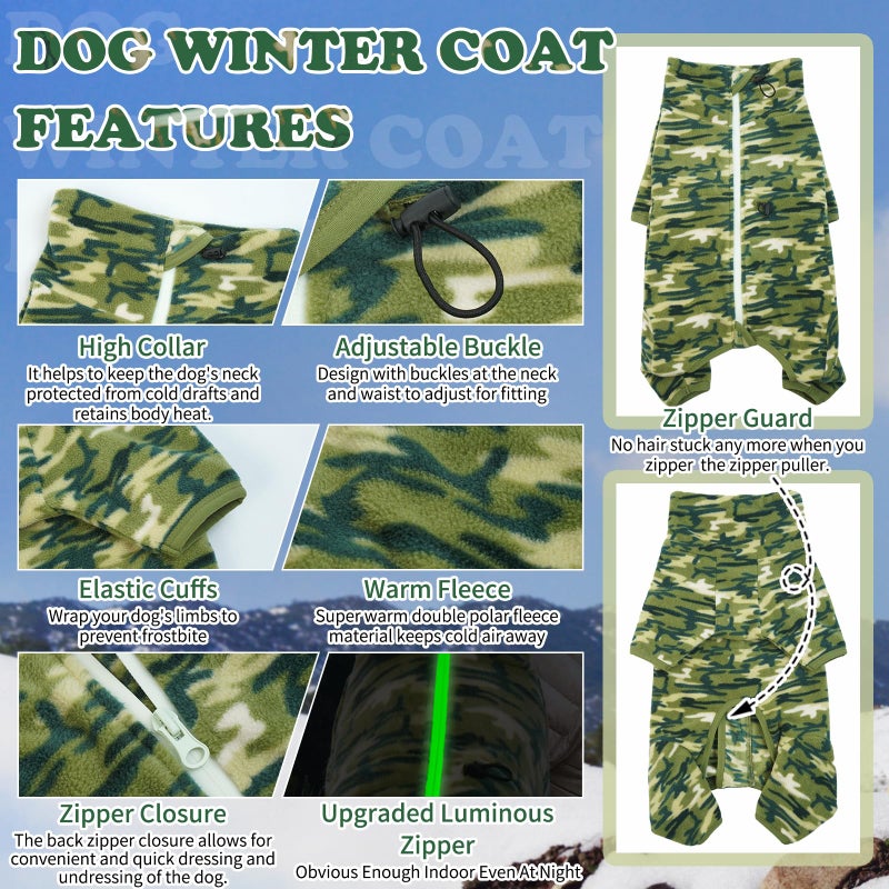 ROZKITCH Dog Long Sleeve Pajamas, Pet Windproof Warm Cold Weather Jacket Vest with Luminous Zipper, Jumpsuit Apparel Outfit Clothes for Small Medium Large Dog Camo 2XL - Image 2