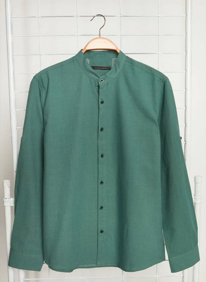 trendyol Dark Green Slim Fit Basic Judge Collar with Epaulets 100% Cotton Linen Look Shirt - Image 2