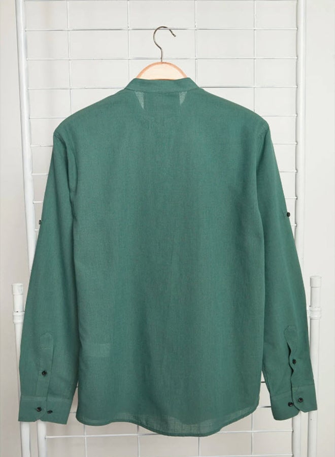 trendyol Dark Green Slim Fit Basic Judge Collar with Epaulets 100% Cotton Linen Look Shirt - Image 3