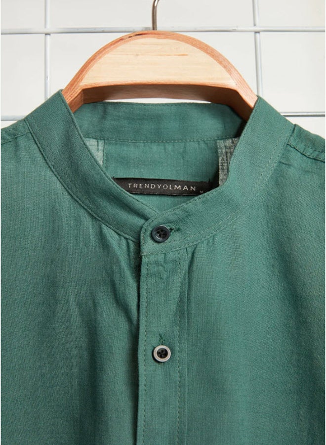 trendyol Dark Green Slim Fit Basic Judge Collar with Epaulets 100% Cotton Linen Look Shirt - Image 4