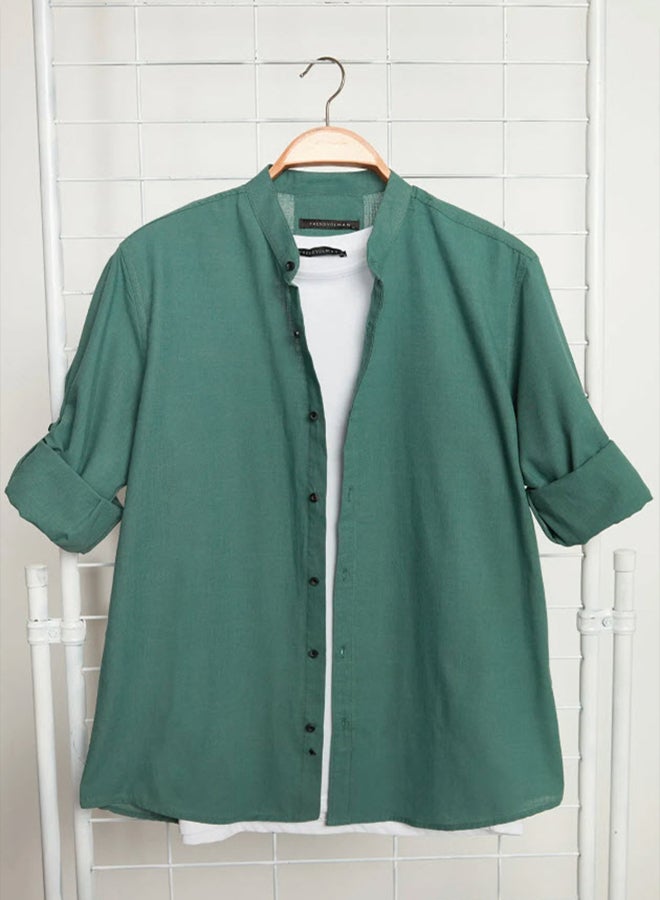 trendyol Dark Green Slim Fit Basic Judge Collar with Epaulets 100% Cotton Linen Look Shirt - Image 1