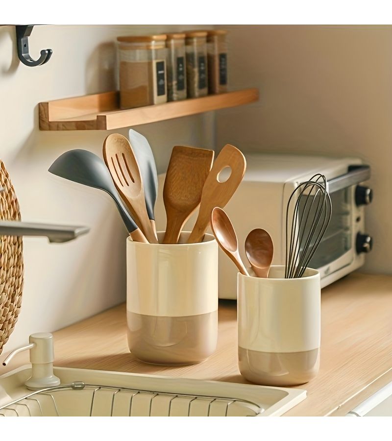 1pc Medium Ceramic Organizer High Temperature Resistant Moisture Proof Multi Compartment Kitchen Storage for Spatulas Spoons Knives Forks Ergonomic Handle Design Kitchen Utensil Holder - Image 2