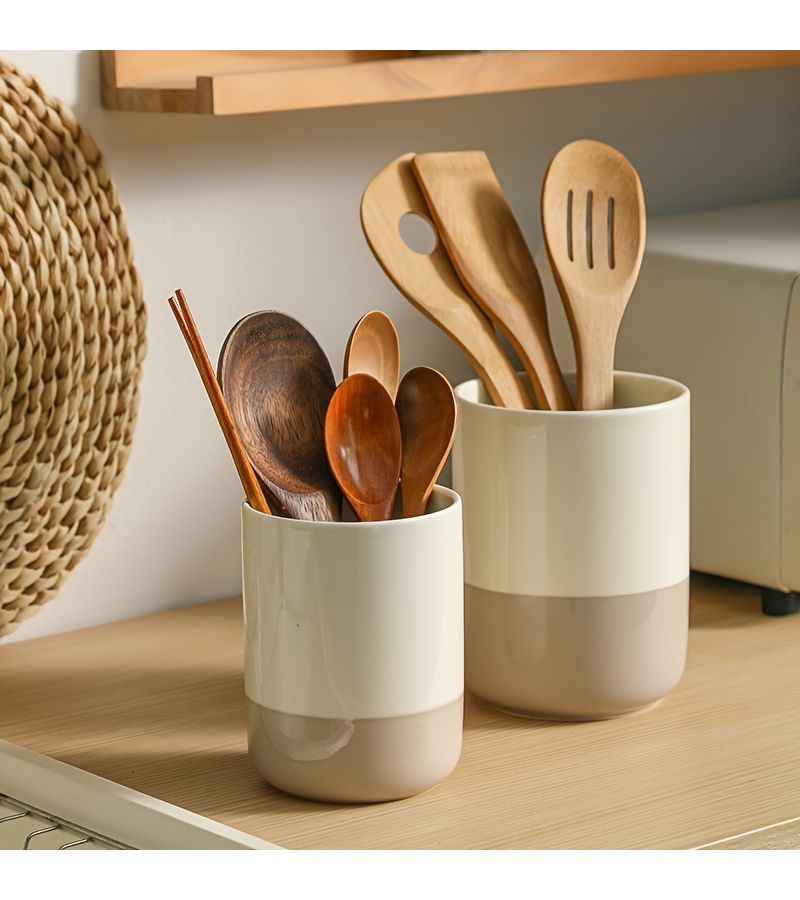 1pc Medium Ceramic Organizer High Temperature Resistant Moisture Proof Multi Compartment Kitchen Storage for Spatulas Spoons Knives Forks Ergonomic Handle Design Kitchen Utensil Holder - Image 1