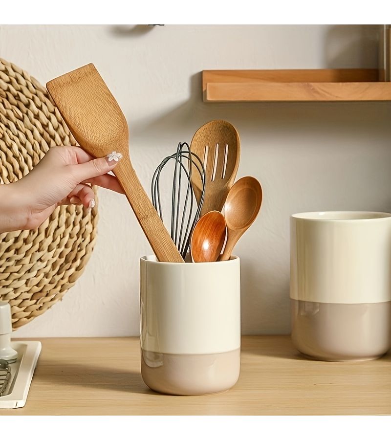 1pc Medium Ceramic Organizer High Temperature Resistant Moisture Proof Multi Compartment Kitchen Storage for Spatulas Spoons Knives Forks Ergonomic Handle Design Kitchen Utensil Holder - Image 3