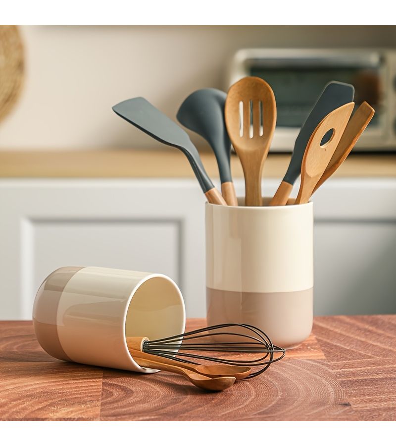 1pc Medium Ceramic Organizer High Temperature Resistant Moisture Proof Multi Compartment Kitchen Storage for Spatulas Spoons Knives Forks Ergonomic Handle Design Kitchen Utensil Holder - Image 4