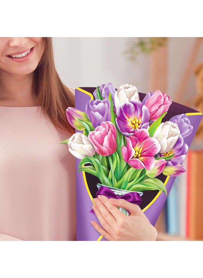 Airpark Pop Up Flower Card, 3D Paper Flowers Bouquet – Purple Tulips, Birthday, Mother's Day, Get Well Greeting Cards with Note Card & Envelope - Image 3