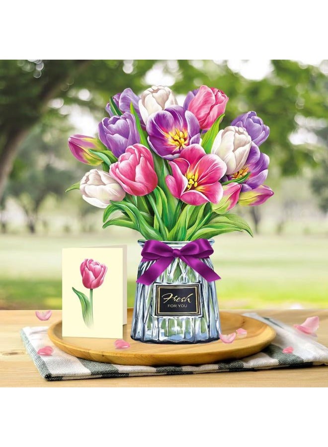 Airpark Pop Up Flower Card, 3D Paper Flowers Bouquet – Purple Tulips, Birthday, Mother's Day, Get Well Greeting Cards with Note Card & Envelope - Image 4