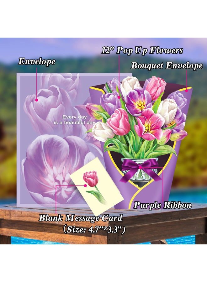 Airpark Pop Up Flower Card, 3D Paper Flowers Bouquet – Purple Tulips, Birthday, Mother's Day, Get Well Greeting Cards with Note Card & Envelope - Image 2