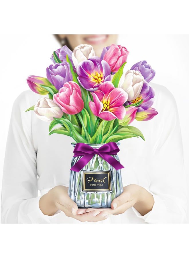 Airpark Pop Up Flower Card, 3D Paper Flowers Bouquet – Purple Tulips, Birthday, Mother's Day, Get Well Greeting Cards with Note Card & Envelope - Image 1