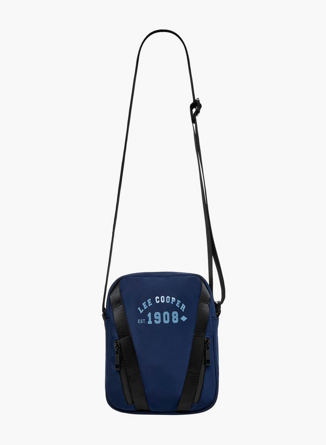 Lee Cooper Logo Print Crossbody Bag with Adjustable Strap and Zip Closure  - Image 2