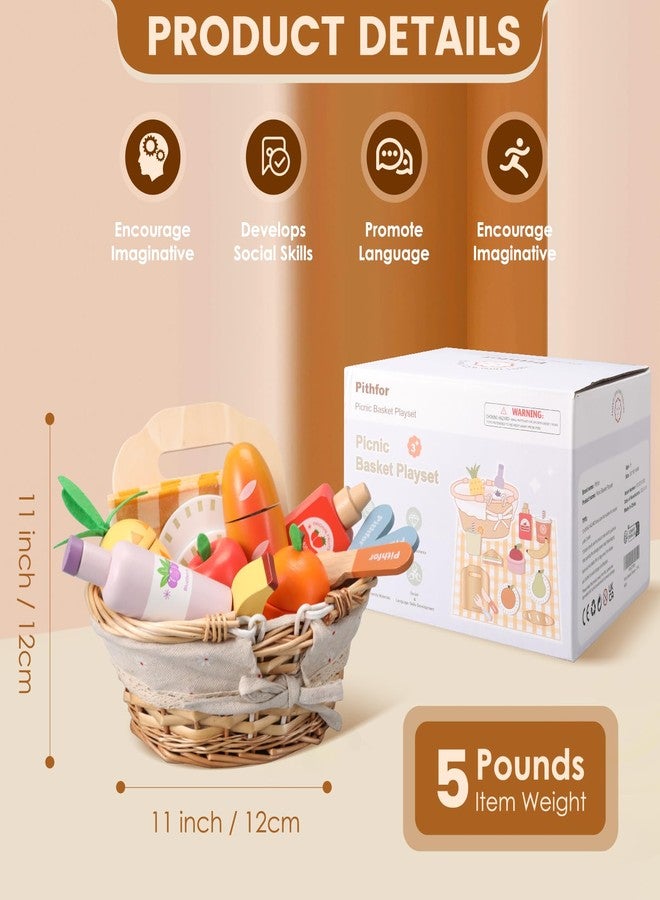 Pithfor Picnic Playset, Wooden Play Food Set for Kids Kitchen, Cutting Pretend Play Kitchen Food Toy for Toddlers Girls Boys 3 4 5 Years Old - Image 3