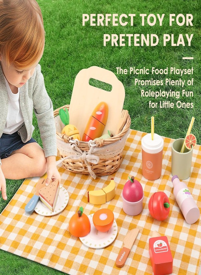 Pithfor Picnic Playset, Wooden Play Food Set for Kids Kitchen, Cutting Pretend Play Kitchen Food Toy for Toddlers Girls Boys 3 4 5 Years Old - Image 2