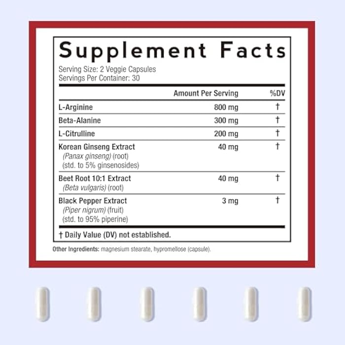 Doctor's Recipes Nitric Oxide Booster, 1380 mg, L-Arginine, L-Citrulline, Beta-Alanine, Korean Ginseng Root, Beet Root, Black Pepper, Non-GMO, 60 Vegan Caps - Image 2