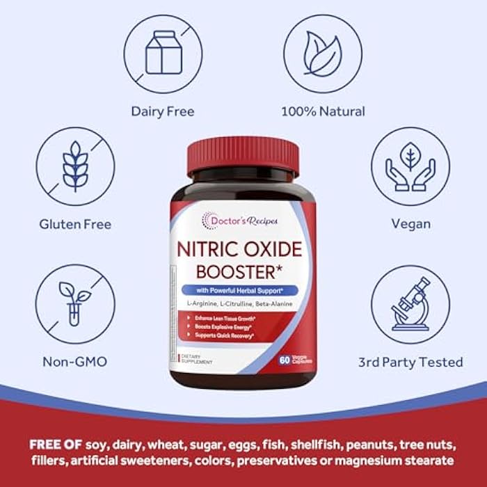 Doctor's Recipes Nitric Oxide Booster, 1380 mg, L-Arginine, L-Citrulline, Beta-Alanine, Korean Ginseng Root, Beet Root, Black Pepper, Non-GMO, 60 Vegan Caps - Image 5