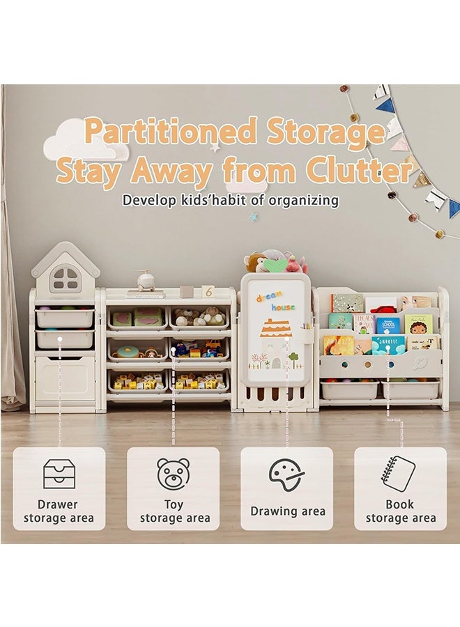 Beauenty Kids Toy Storage Organizer with 10 Removable Bins, 4 in 1 Foldable Toy Organizers and Storages with 3-Tier Bookshelf for Kids Toy Storage Organizer with Drawing Board (white)  - Image 3