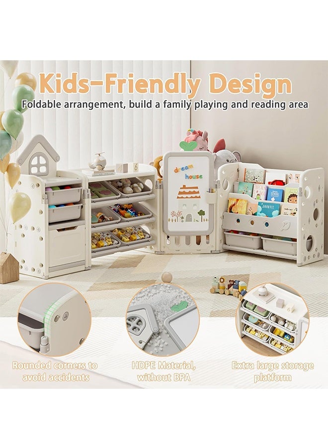Beauenty Kids Toy Storage Organizer with 10 Removable Bins, 4 in 1 Foldable Toy Organizers and Storages with 3-Tier Bookshelf for Kids Toy Storage Organizer with Drawing Board (white)  - Image 4