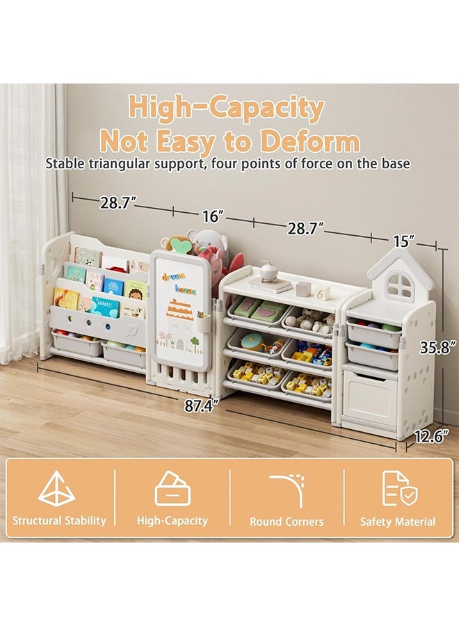 Beauenty Kids Toy Storage Organizer with 10 Removable Bins, 4 in 1 Foldable Toy Organizers and Storages with 3-Tier Bookshelf for Kids Toy Storage Organizer with Drawing Board (white)  - Image 2