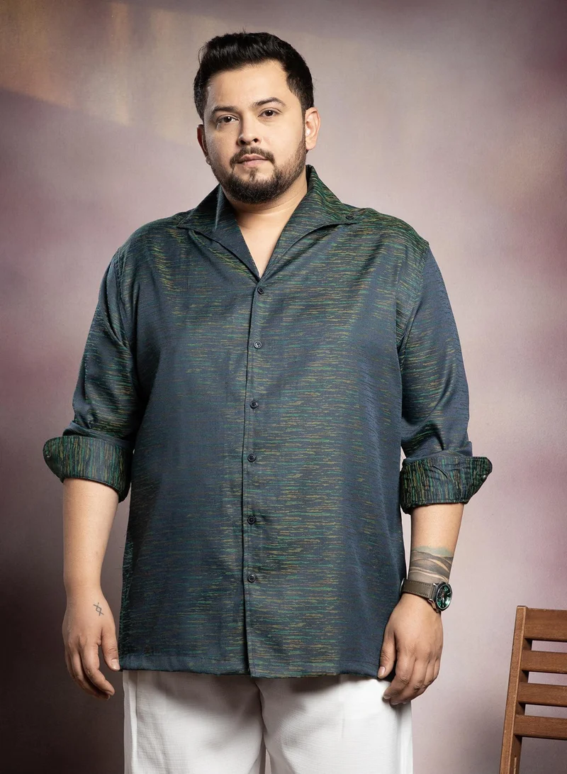 Instafab Plus Instafab Plus Men's Aegean Blue Stokelines-Imprint Shirt For Casual Wear | Spread Collar | Long Cuffed Sleeves | Button Closure | Plus Size Shirt Crafted With Comfort Fit For Everyday Wear