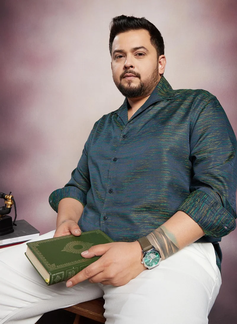Instafab Plus Instafab Plus Men's Aegean Blue Stokelines-Imprint Shirt For Casual Wear | Spread Collar | Long Cuffed Sleeves | Button Closure | Plus Size Shirt Crafted With Comfort Fit For Everyday Wear