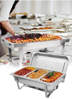 Generic Stainless Steel Rectangular Buffet Stove Restaurant Food Warmer With 3 Third Size Food Plates Lid And Anti-Scald Handles Food Pans Silver 54.1X35.7X26.8 Cm  - Image 1