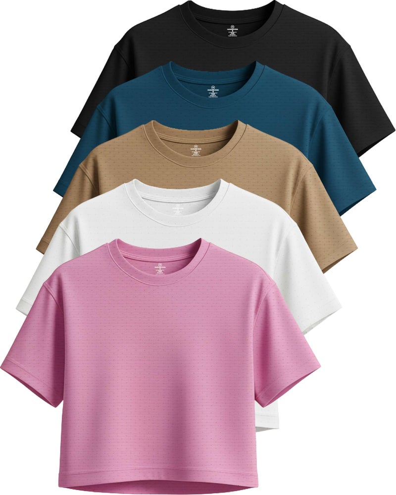 REALESSENTIALS Real Essentials 5 Pack: Women's Dry-Fit Breeze Tech Crop Tops â€“ Short Sleeve Athletic Workout, Yoga Tees (Available in Plus)- Set 3, M - Image 1
