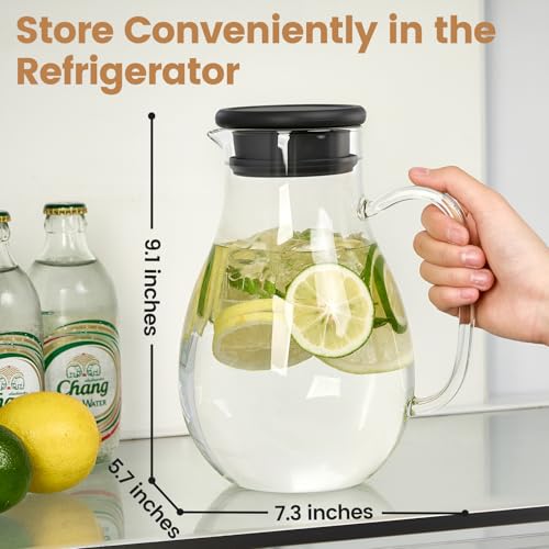 Spreccio Glass Pitcher with Lid, 68 oz(1/2 Gallon), Hot/Cold Glass Water Jug with Silicone Lid, Borosilicate Glass Carafe Wide Mouth Juice and Iced Tea Beverage Serveware (Round) - Image 3