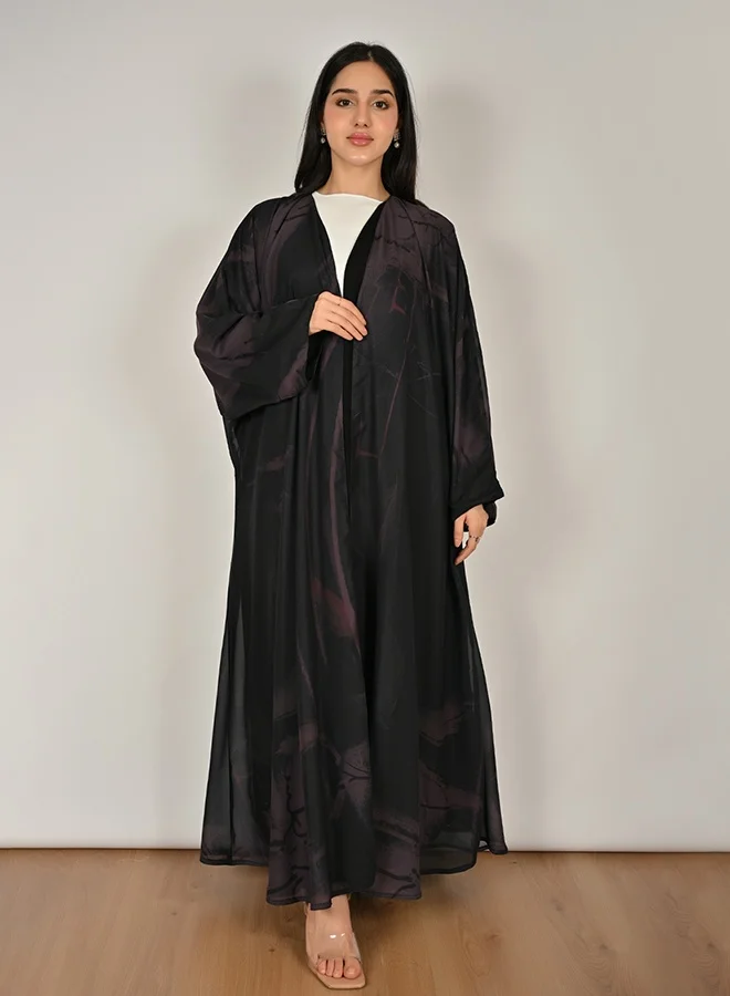 Hawraa Abaya Black and Purple Reversible Wrap Abaya with a Summer Design and Flowing Flared Silhouette