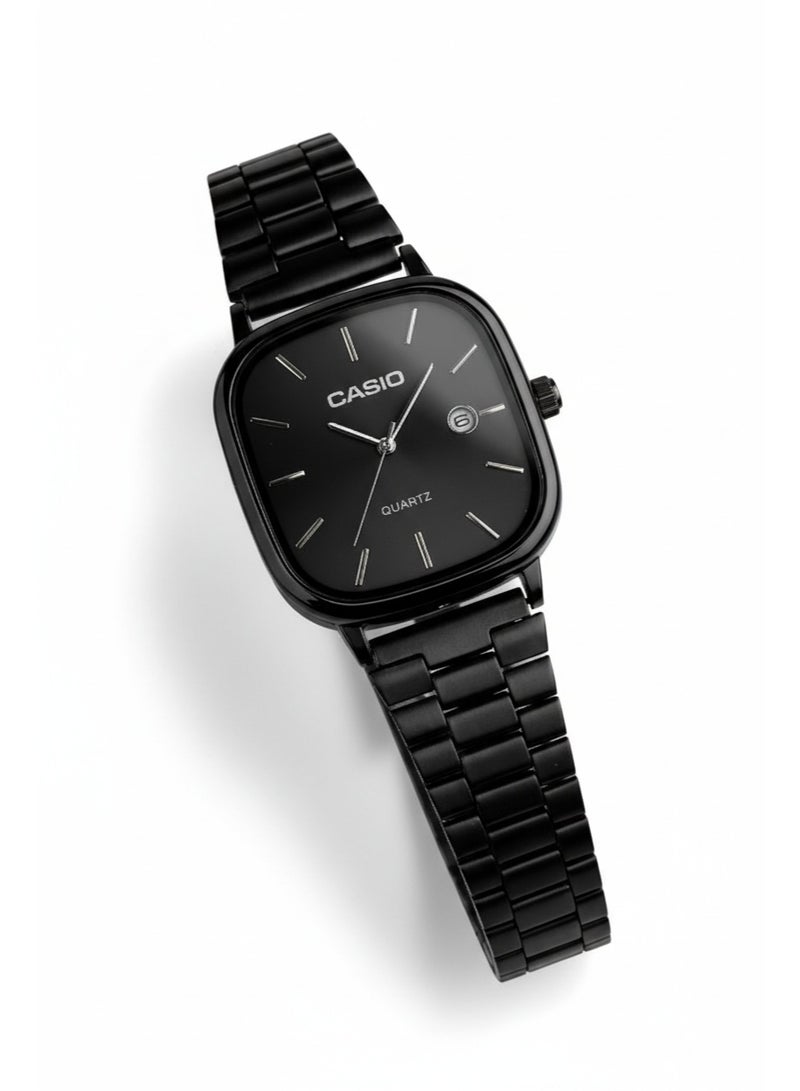 Casio Men’s Quartz Wristwatch – Square Black Dial, Black Stainless Steel Bracelet, Date Display - Image 1