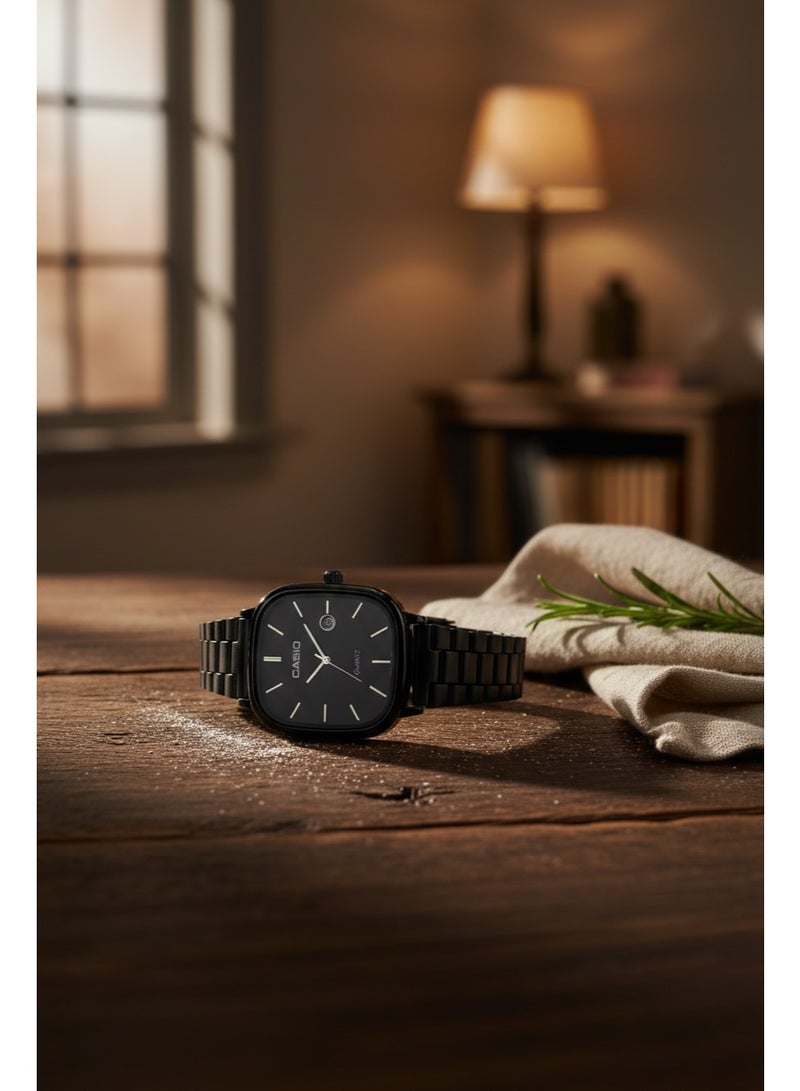 Casio Men’s Quartz Wristwatch – Square Black Dial, Black Stainless Steel Bracelet, Date Display - Image 3