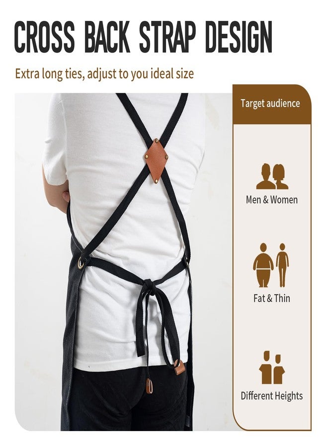 YELEGAI Aprons For Women Men With Large Pockets, Waterproof Cotton Chef Aprons For Cooking Server Grilling Bbq Kitchen Gardening (1, Pure Black) - Image 3