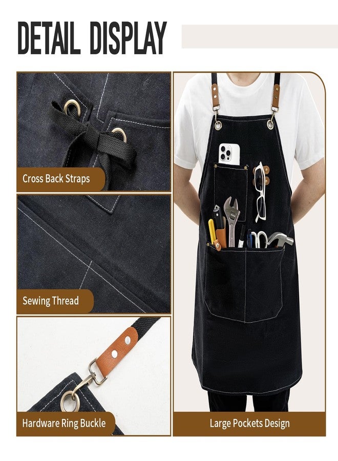 YELEGAI Aprons For Women Men With Large Pockets, Waterproof Cotton Chef Aprons For Cooking Server Grilling Bbq Kitchen Gardening (1, Pure Black) - Image 4