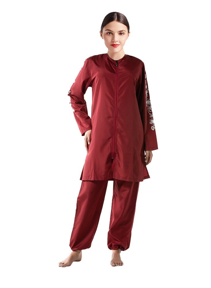 Loquat 3 Piece Digital Swimsuit Conservative Loose Zipper Southeast Asian Swimsuit Red - Image 1