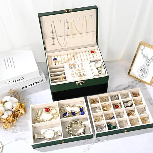 GUOER Jewelry Box for Women Girl Wife 3 Layers Large PU Leather Jewelry Organizer Storage Case with Two Layers Display for Earrings Bracelets Rings Watches (Green) - Image 5