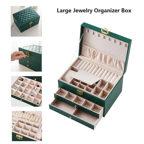 GUOER Jewelry Box for Women Girl Wife 3 Layers Large PU Leather Jewelry Organizer Storage Case with Two Layers Display for Earrings Bracelets Rings Watches (Green) - Image 2
