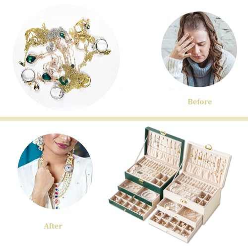 GUOER Jewelry Box for Women Girl Wife 3 Layers Large PU Leather Jewelry Organizer Storage Case with Two Layers Display for Earrings Bracelets Rings Watches (Green) - Image 3