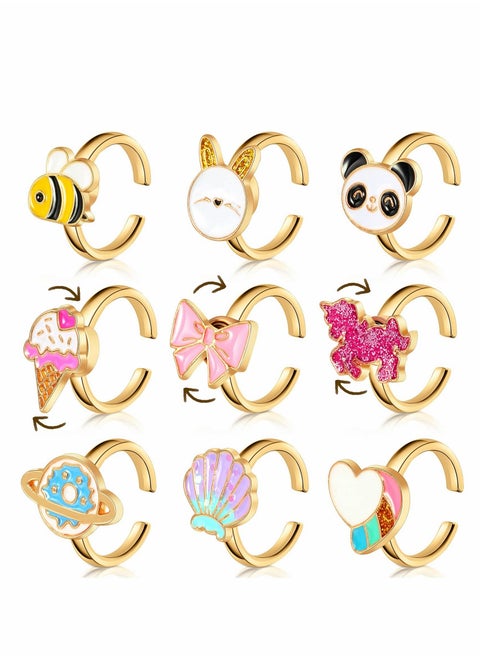 Fidget Anxiety Rings Rotatable Open Ring Set, 9 Pcs Spinner Cubic Zirconia Cartoon Style Stress Relief Stackable Calming