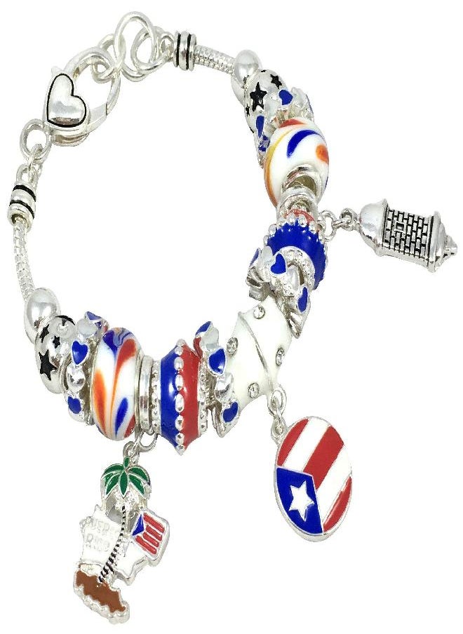 Elosee - Elosee Puerto Rico Theme Murano Glass Charm Bracelet 7.5 Inch (Silver Tone) - Image 1